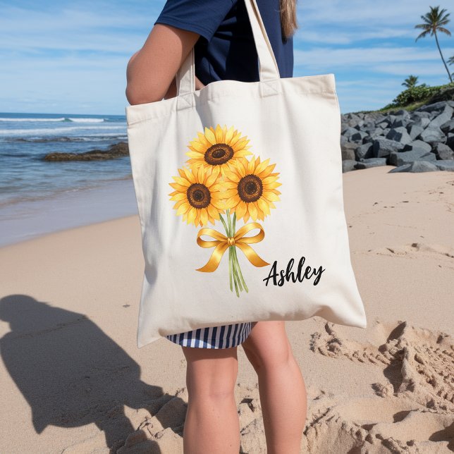 Bolsa de mão personalizada de girassol para mulher (sunflower tote bag, custom name gift, bridesmaid tote bag, floral tote, botanical tote bag,)
