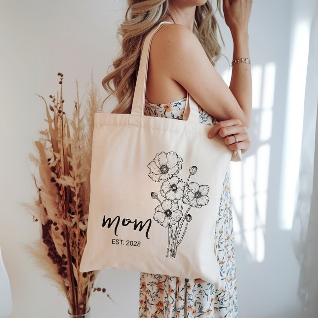 Bolsa de mão personalizada para mães, presente de  (personalized mom tote, floral mom tote, custom name tote, mom flower bag, minimalist mom gift,)