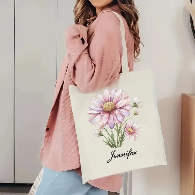 Bolsa de Mão Personalizada Rosa com Flores Present (personalized name tote bag, student gift tote bag, birthday gift for her, gift for mom tote bag, )