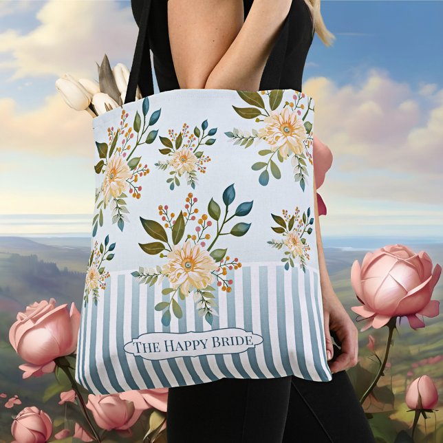 Bolsa de mão romântica retrô floral para noiva (Romantic vintage tote bag with stripes on dusty blue with pretty flowers)