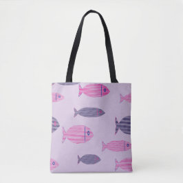 Bolsa de mão rosa com padrão de peixes azuis e ros