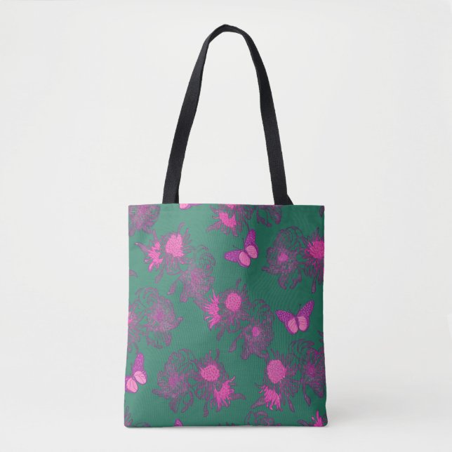 Bolsa de mão verde escuro com flores rosa quente (Frente)