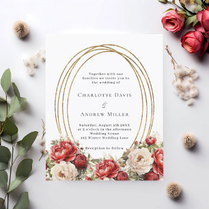 Bolsa de ouro de flores vermelhas convite para cas