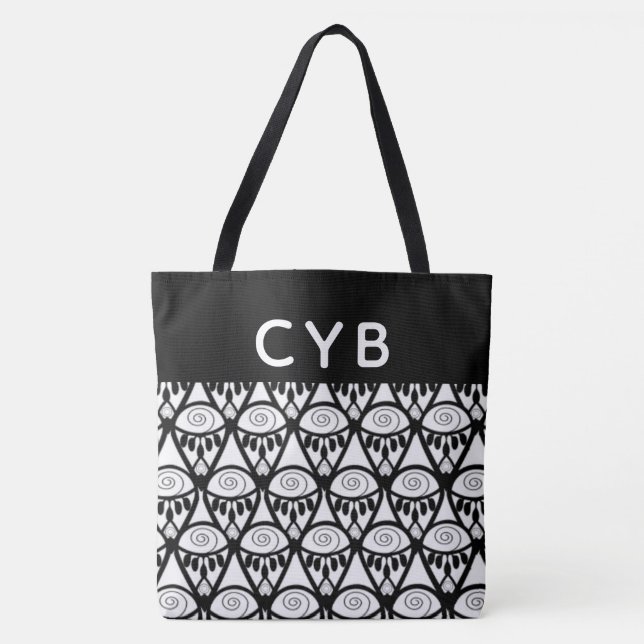 Bolsa de padrão Henna preto e branco monograma (Frente)