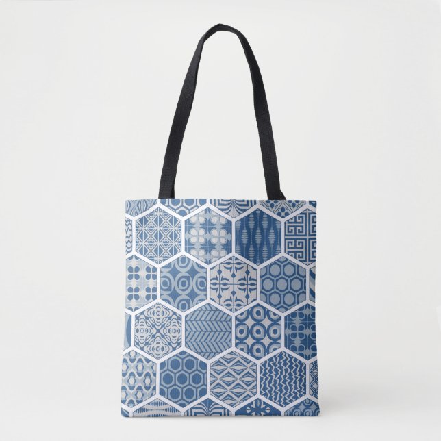 Bolsa de padrão hexagonal em azul e Cinza (Frente)