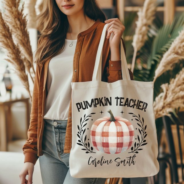 Bolsa de professor de abóbora personalizado, Queda (personalized tote bag, checkered pumpkin tote, Halloween vibes, Halloween tote bag, teacher gift, )