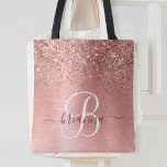 Bolsa de rosa de Monograma com Glitter de Metal Br<br><div class="desc">Personalize facilmente este design de saco de tota chic com tendência,  com brilho bonito de ouro rosa em um fundo metálico escovado de rosa dourado.</div>