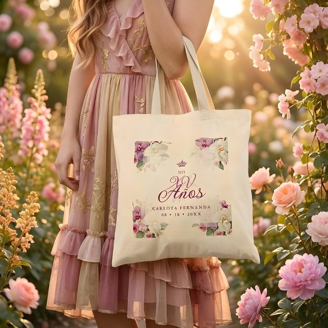 bolsa de tela (Romantic Exquisite Mis XV Años Spanish Floral Orchids Bouquets in Pink Shades Tote Bag. )