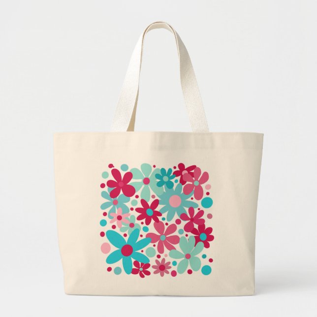 Bolsa de tote de flores azuis e cor-de-rosa. (Frente)