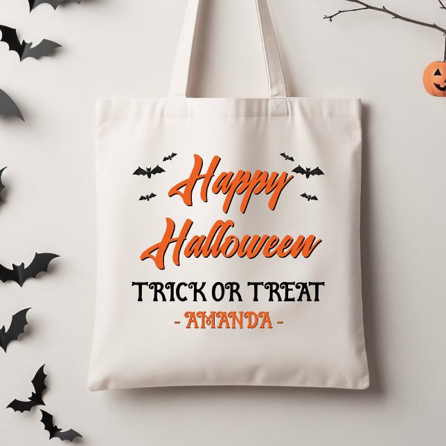 Bolsa de Trick Ou Tratar De Bata Negra Laranja Hal (Personalized Trick Or Treat Tote Bag, Orange Black Halloween Tote Bag, Black Bats Halloween Tote  )
