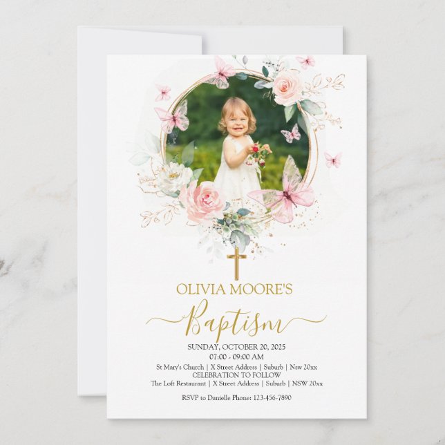 Bolsa Floral Rosa Batizada Convite para Batismo (Frente)
