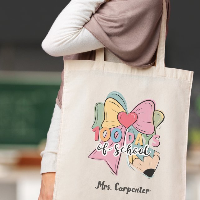 Bolsa Tote 100 Dias De Professora Personalizada Do Arco De Co (100 Days Of School 🎀 Coquette Bow Custom Teacher Tote Bag)