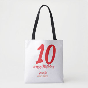 Bolsa Tote 10.º aniversário adicionar nome data ano vermelho 