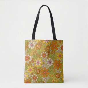 Bolsa Tote 1960, 1970 Retro Floral Verde e Laranja