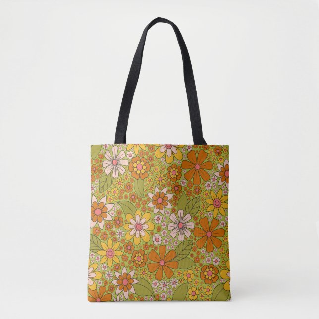 Bolsa Tote 1960, 1970 Retro Floral Verde e Laranja (Frente)