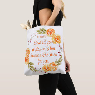 Bolsa Tote 1 Peter 5:7 Escritura de Bíblia Floral Laranja