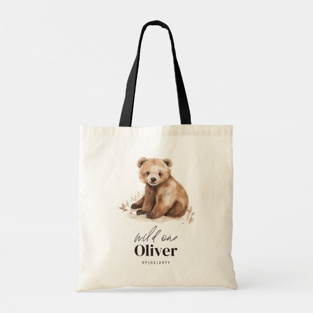 Bolsa Tote 1st Birthday Wild One bear modern elegant party (Verso)