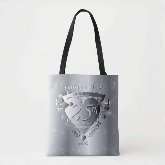 Bolsa Tote 25 Silver Wedding Anniversário 3D Heart Emblem (Frente)