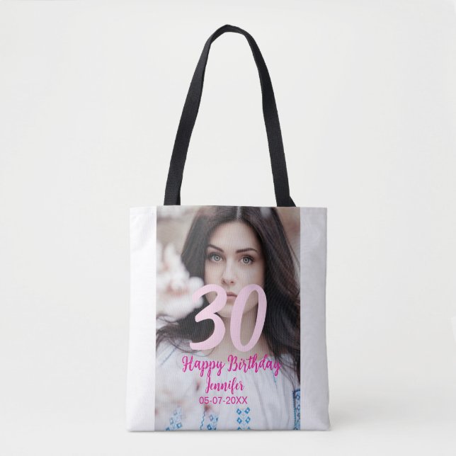 Bolsa Tote 30th birthday add name date year white photo (Frente)