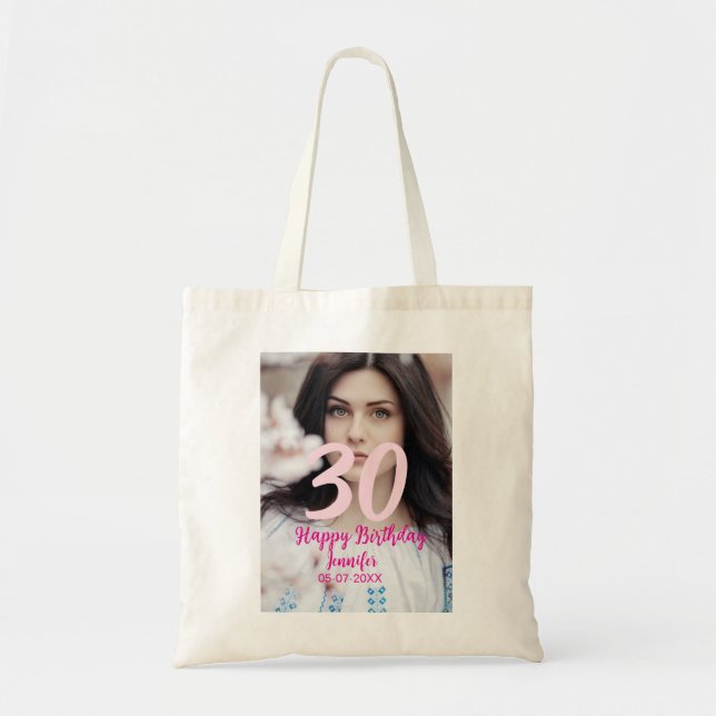 Bolsa Tote 30th birthday add name date year white photo (Frente)
