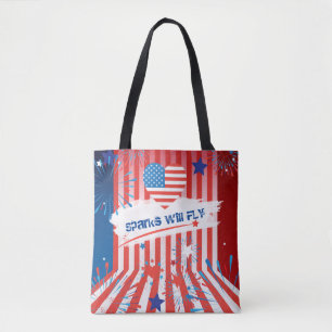 Bolsa Tote 4 de julho American Flag Heart Flag Fireworks