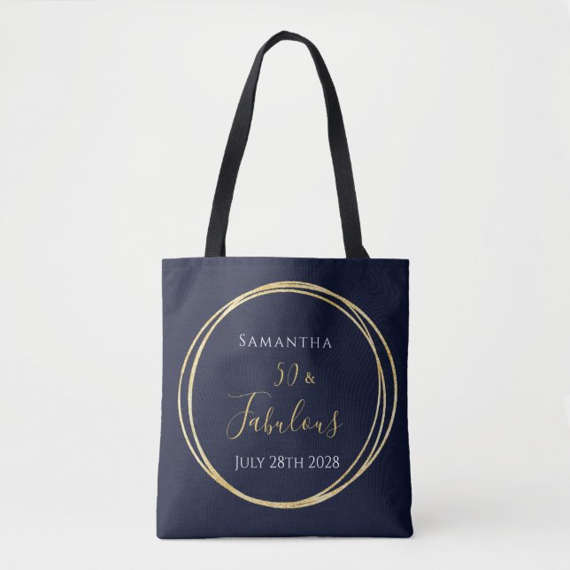 Bolsa Tote 50º Marinho de aniversário Dourado personalizado (Frente)