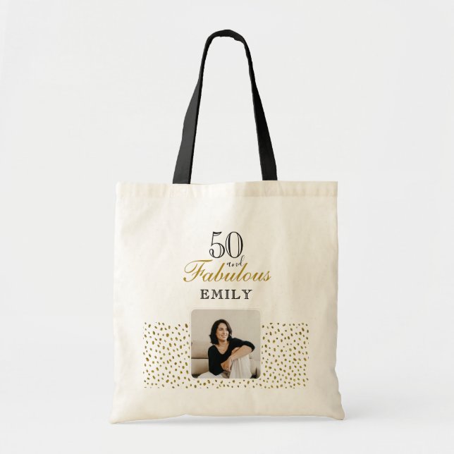Bolsa Tote 50 and Fabulous Gold Glitter Photo 50th Birthday (Frente)