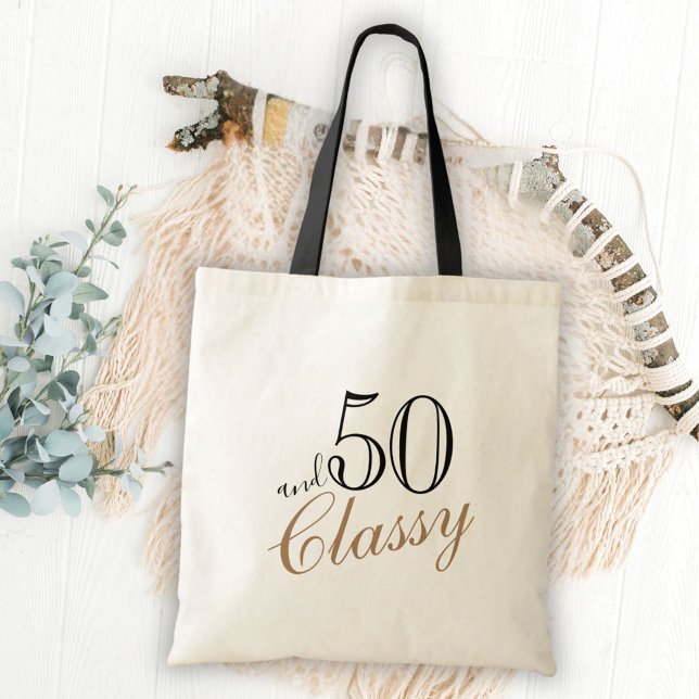 Bolsa Tote 50 e Classy Elegant Black Ouro Script Birthday (Criador carregado)