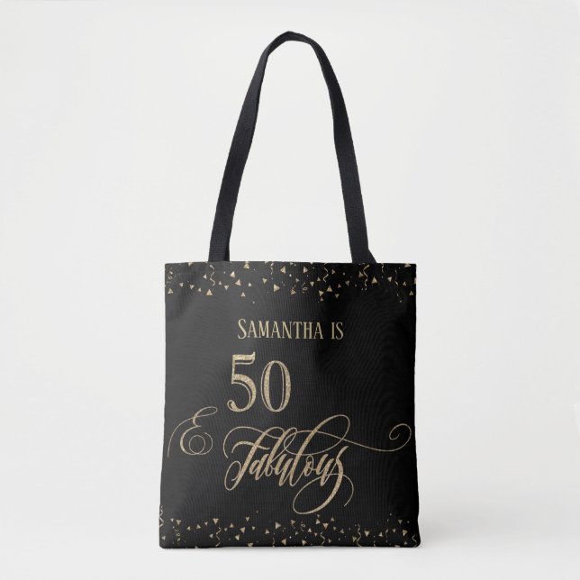 Bolsa Tote 50 e fabulosa Dourada Glitter Confetti, Preto (Frente)