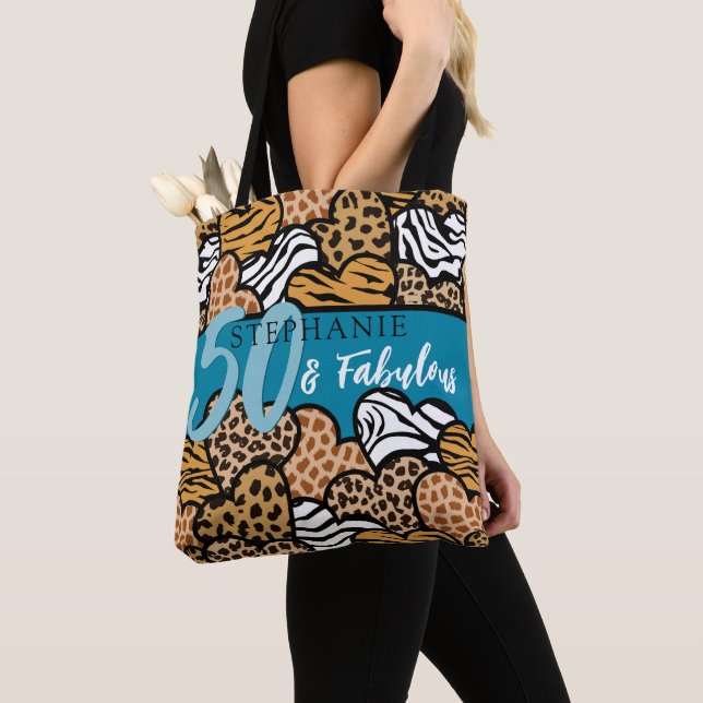 Bolsa Tote 50 e Fabuloso Na moda Teal Animal Print Hearts (Close Up)