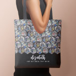 Bolsa Tote 5 Colagem de Fotografias - padrão de hexágono funk<br><div class="desc">Um padrão louco com suas fotos favoritas em um fundo preto e seu nome em branco. As fotos têm formato hexágono e em um padrão raro para fazer um design louco. — Use suas fotos do SQUARE para obter os melhores resultados! Para alterar a cor de fundo - clique na...</div>