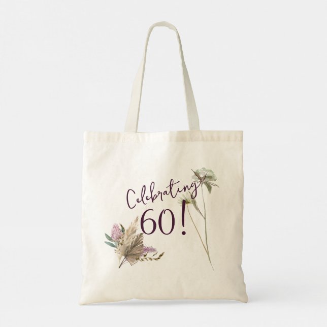 Bolsa Tote 60º aniversário Boho Floral Watercolor (Verso)