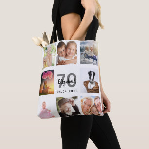 Bolsa Tote 70 de aniversário personalizado foto colagem bran