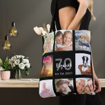 Bolsa Tote 70 de aniversário personalizado foto colagem mulhe<br><div class="desc">Um presente único para o 70 de aniversário de uma mulher, celebrando sua vida com uma colagem de 8 fotos, fotos. Personalize e adicione seu nome, 70 anos e uma data. Um fundo preto chic. Cinzas e letras brancas e números. O nome é escrito com um moderno estilo escrito à...</div>