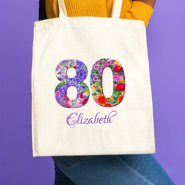 Bolsa Tote 80 Birthday Mãe Presente - Nome Floral 80 Anos (Criador carregado)