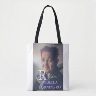 Bolsa Tote 80 de aniversário da foto adicione nome data roxo 