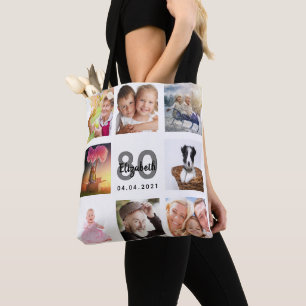 Bolsa Tote 80 de aniversário personalizado foto colagem bran