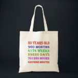 Bolsa Tote 80th Birthday Milestones<br><div class="desc">80th birthday counting down the years,  days,  months,  hours,  and minutes. A birthday present to give pause for thought! Leap years have been taken into account!</div>
