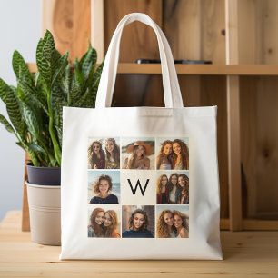 Bolsa Tote 8 Colagem de Fotos Monograma Personalizado Preto e