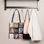 Bolsa Tote 90 de aniversário personalizado foto colagem mulhe<br><div class="desc">Um presente único para o 90 de aniversário de uma mulher, celebrando sua vida com uma colagem de 8 fotos, fotos. Personalize e adicione seu nome, 90 anos e uma data. Um fundo preto chic. Cinzas e letras brancas e números. O nome é escrito com um moderno estilo escrito à...</div>