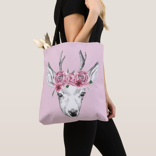 Bolsa Tote A aguarela floresce cervos (Close Up)