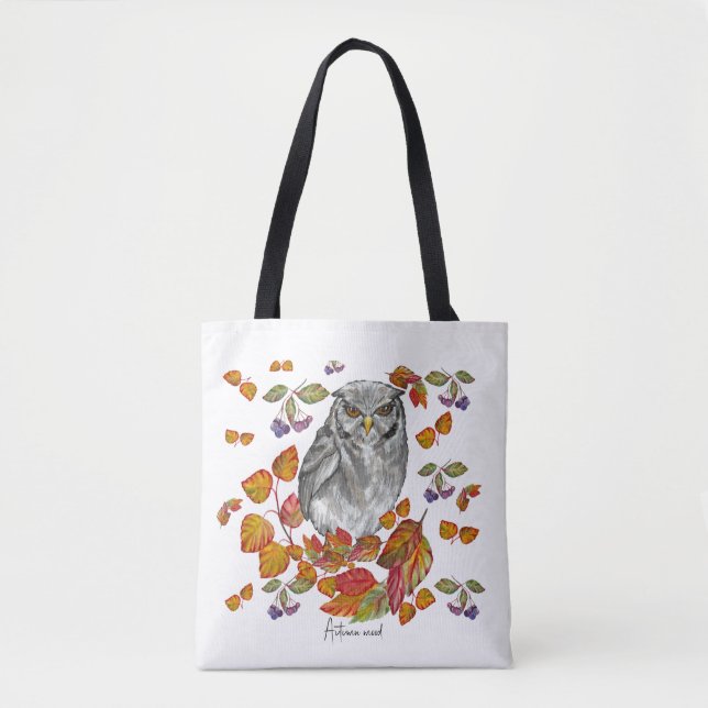 Bolsa Tote A aquarela cai em lindas corujas e folhas (Frente)