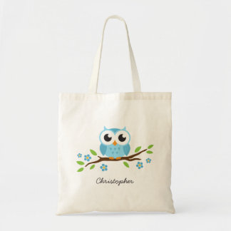 Bolsa Tote A coruja azul bonito no ramo floral personalizou o
