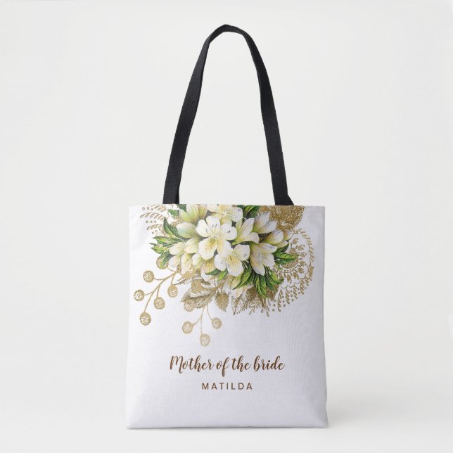 Bolsa Tote A elegante mãe floral de ouro moderno da noiva (Frente)
