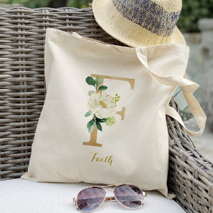 Bolsa Tote A letra Dourado F e cora floral personalizado