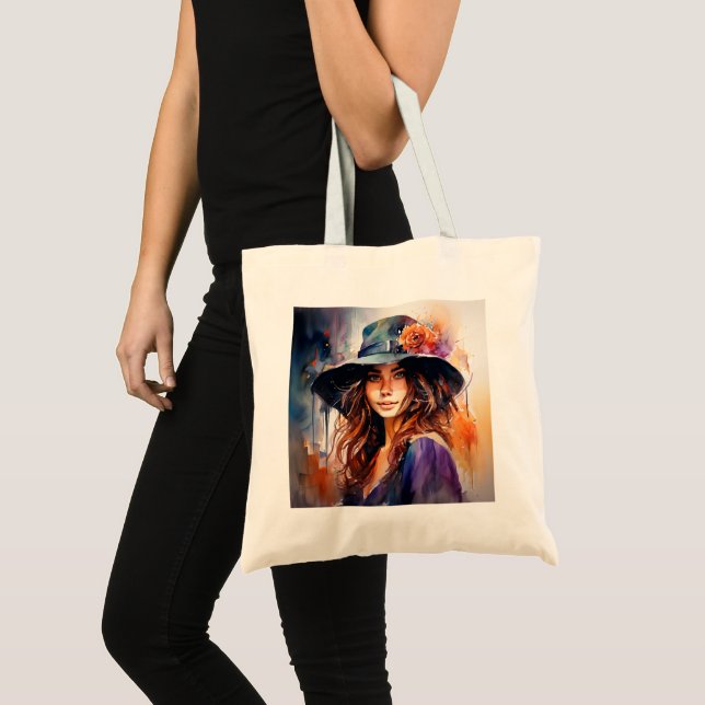 Bolsa Tote A Mulher no Chapéu: Retrato da Graça Vibrante (Frente (produto))