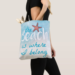 Bolsa Tote A praia é onde eu pertenço citações