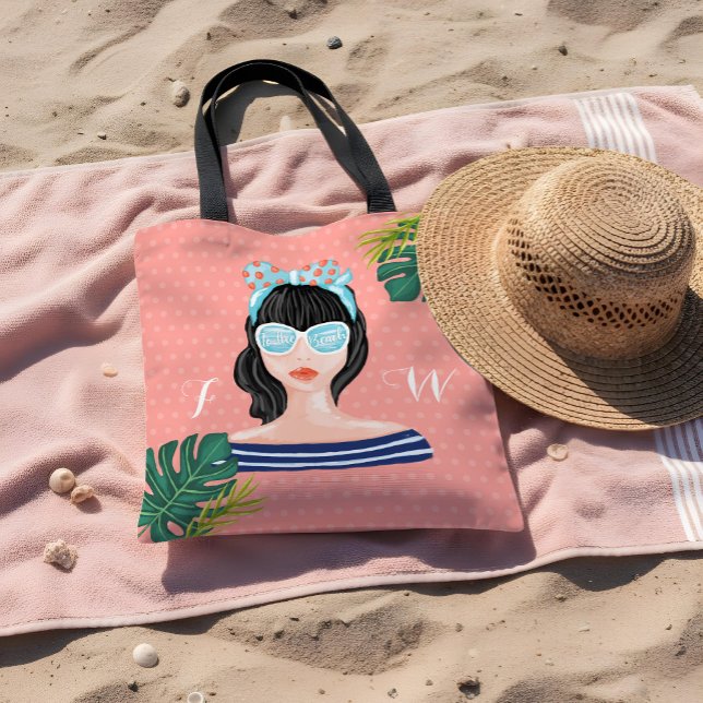 Bolsa Tote À Praia | Folhas Tropicais Retro de Bela Praia (To The Beach | Beach Beauty Retro Tropical Leaves Tote Bag)