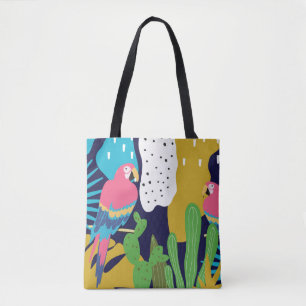 Bolsa Tote A selva tropical deixa o fundo com papagaios. Su