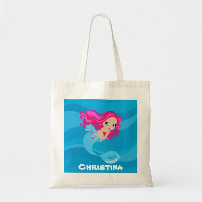 Bolsa Tote A sereia de praia em Cute adiciona o nome ao saco (Frente)